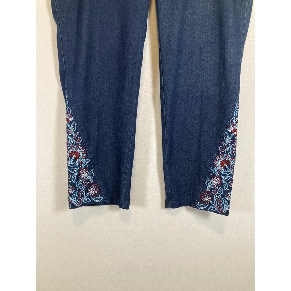 Boho Floral Ruby Rd. Womens 12 Blue Embroidered Pull-On Cropped Jeans 23100 QI‎
